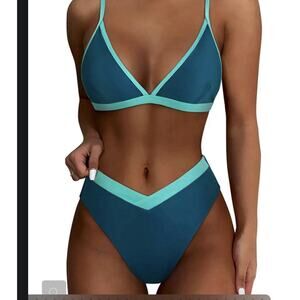 SUUKSESS Women Triangle High Cut Bikini Blue Green M
